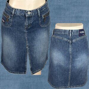 Guess 28 Logo Blue Denim Button Zip Pockets Slit Front Cotton Knee Length Skirt
